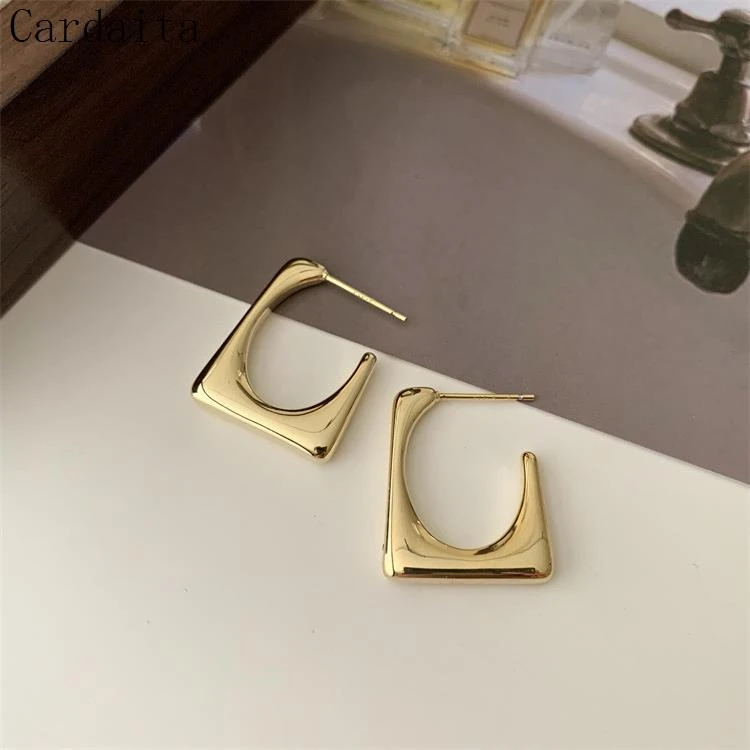 铜合金锆石耳饰 复古简约时尚洋气光面金属方形耳钉气质轻奢高级