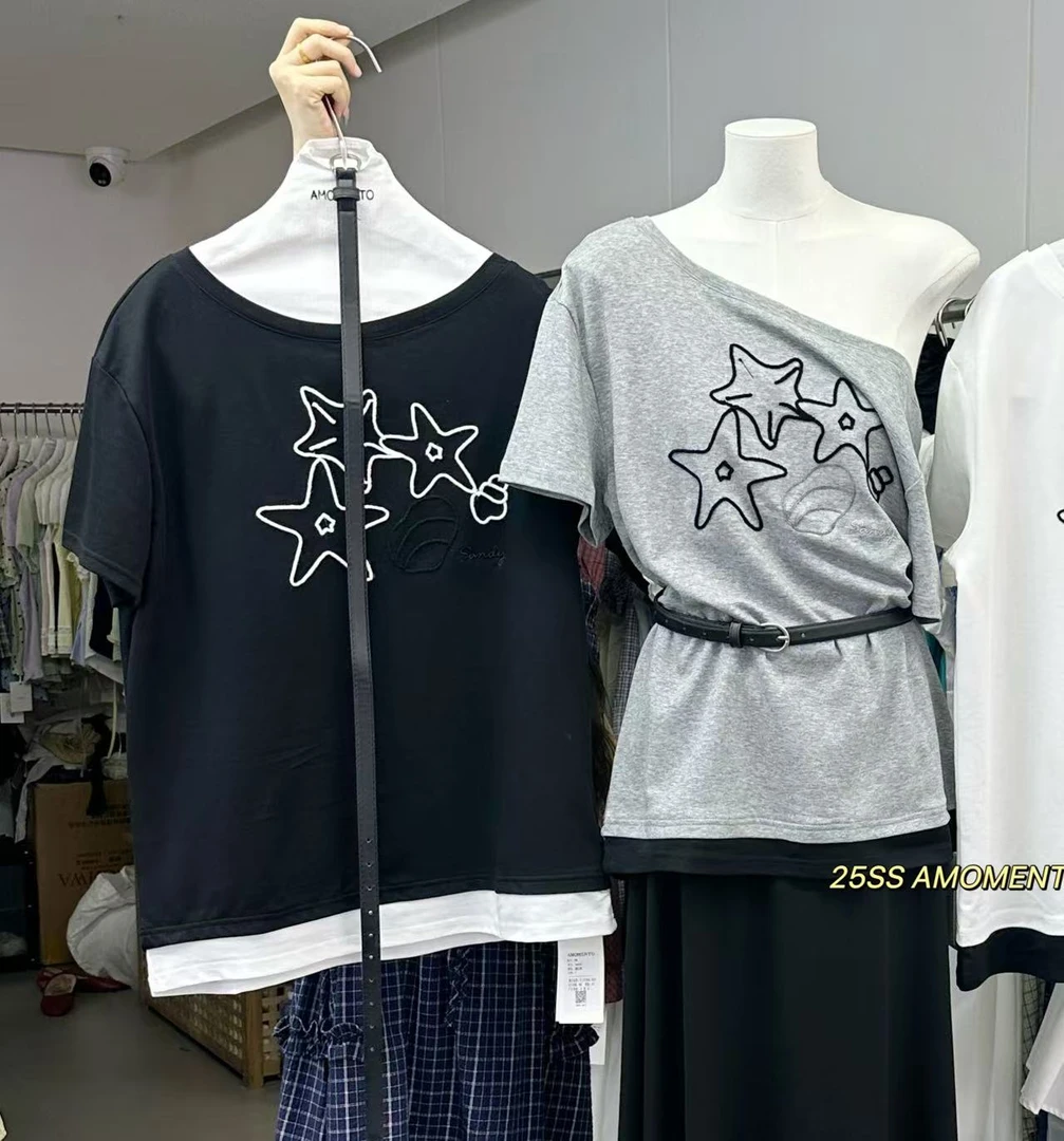 4804号#9886#百搭刺绣几何形休闲短袖T（配腰带）