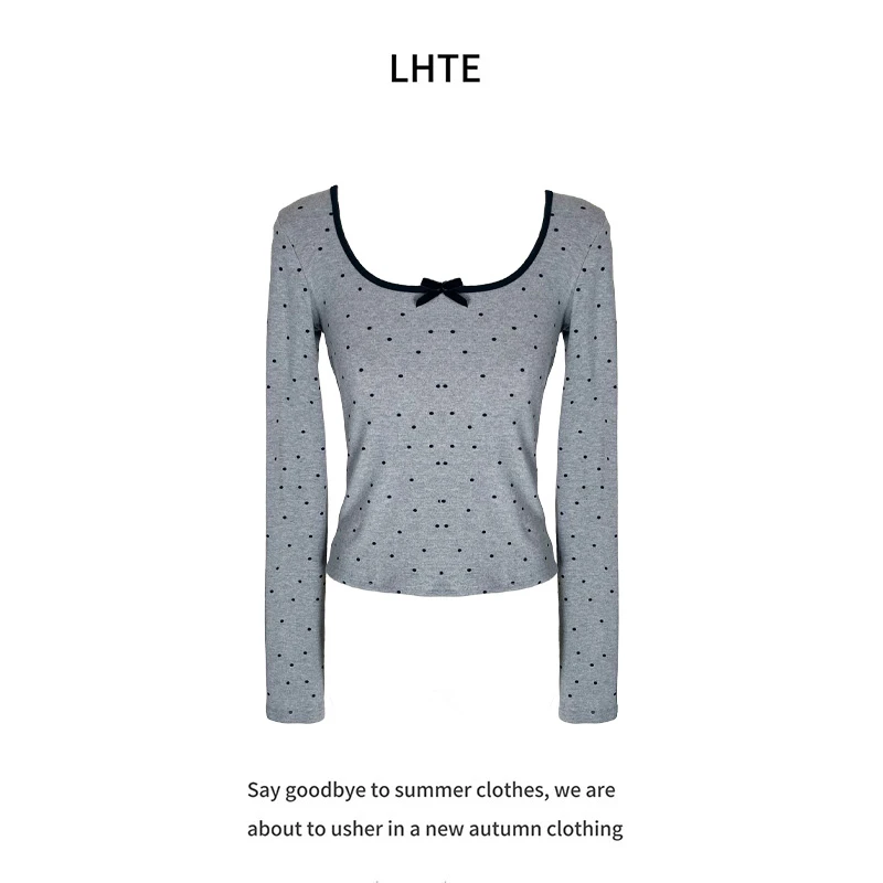 青青大码女装 春款设计感纯欲风波点长袖修身灰色打底衫上衣C1194