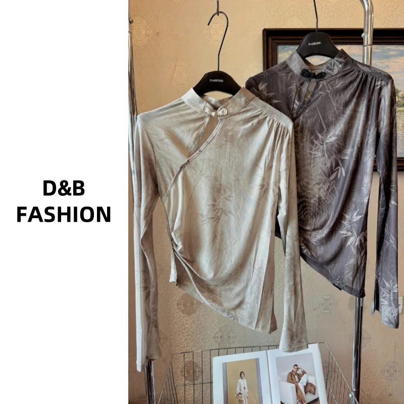 【晕染水墨】盘扣设计弹力打底衫上衣 气质显瘦7785