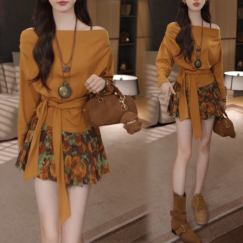 2025秋季气质一字肩绑带上衣高级上衣休闲半身裙时尚套装潮流女士