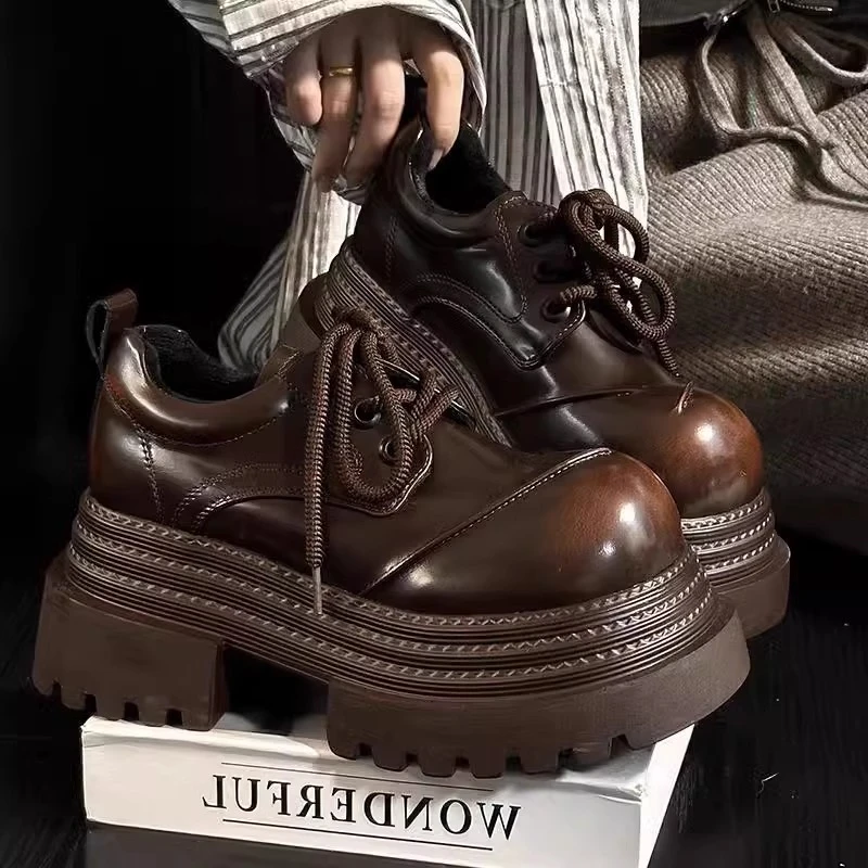 欧货厚底黑色小皮鞋女英伦风圆头系带休闲德比鞋小个子增高乐福鞋