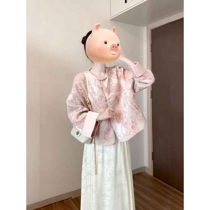 气质新中式CC国风粉色套裙时尚两件套显瘦设计款#250832