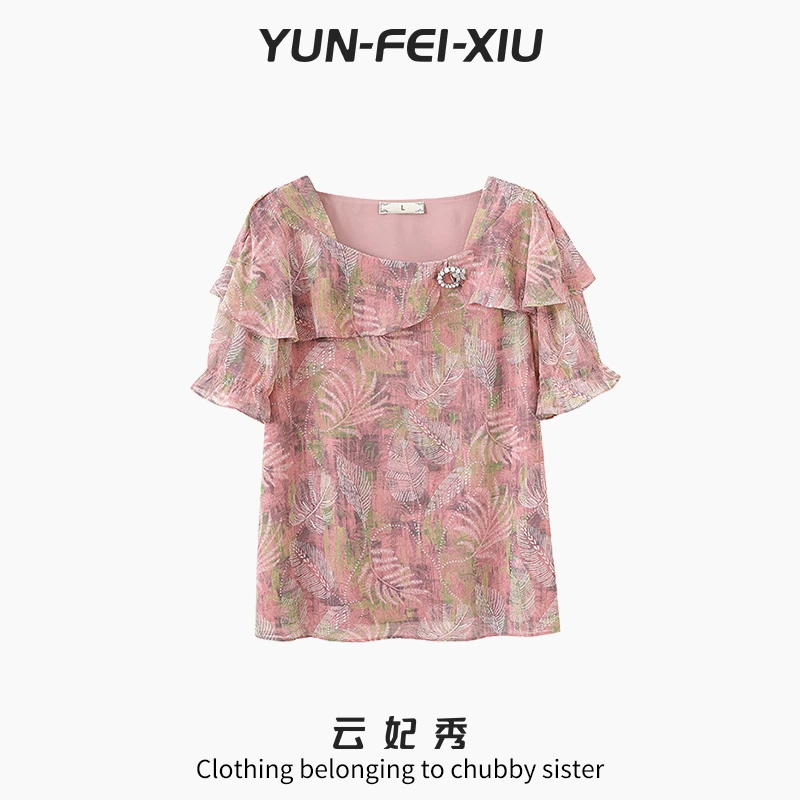 云妃秀大码女装雪纺衫休闲时尚胖妹妹显瘦宽松方领上衣夏22302