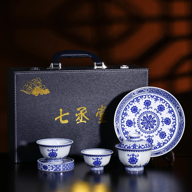 青花宝相纹盖碗配套茶杯高档茶具景德镇陶瓷功夫茶器家用送礼手工