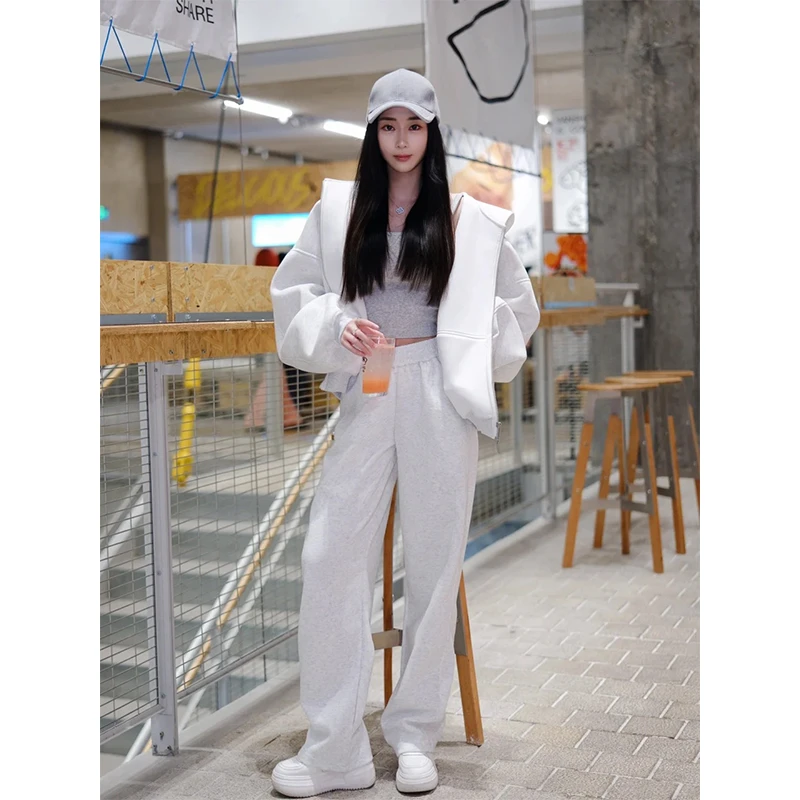 高级感运动风拉链长袖开衫外套女2025秋季新款高腰直筒阔腿裤套装