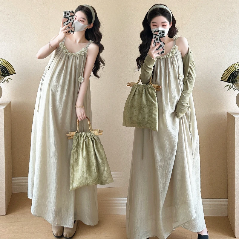 【橙子】孕妇连衣裙夏装2025新款V领孕期中长裙小清新孕妈夏季裙