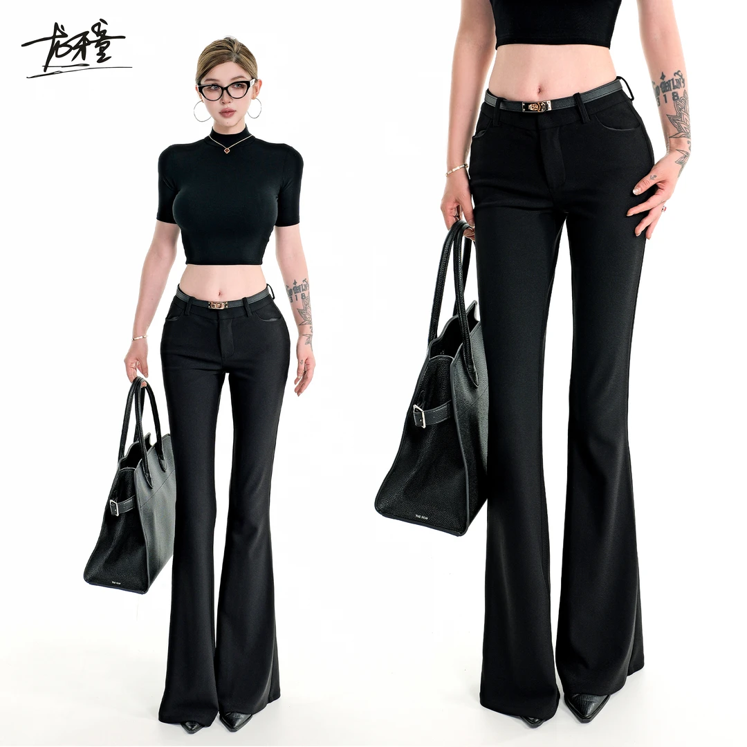 龙牙童推荐【西裤精英】显瘦低腰黑色长裤女士美式直筒休闲裤微喇叭