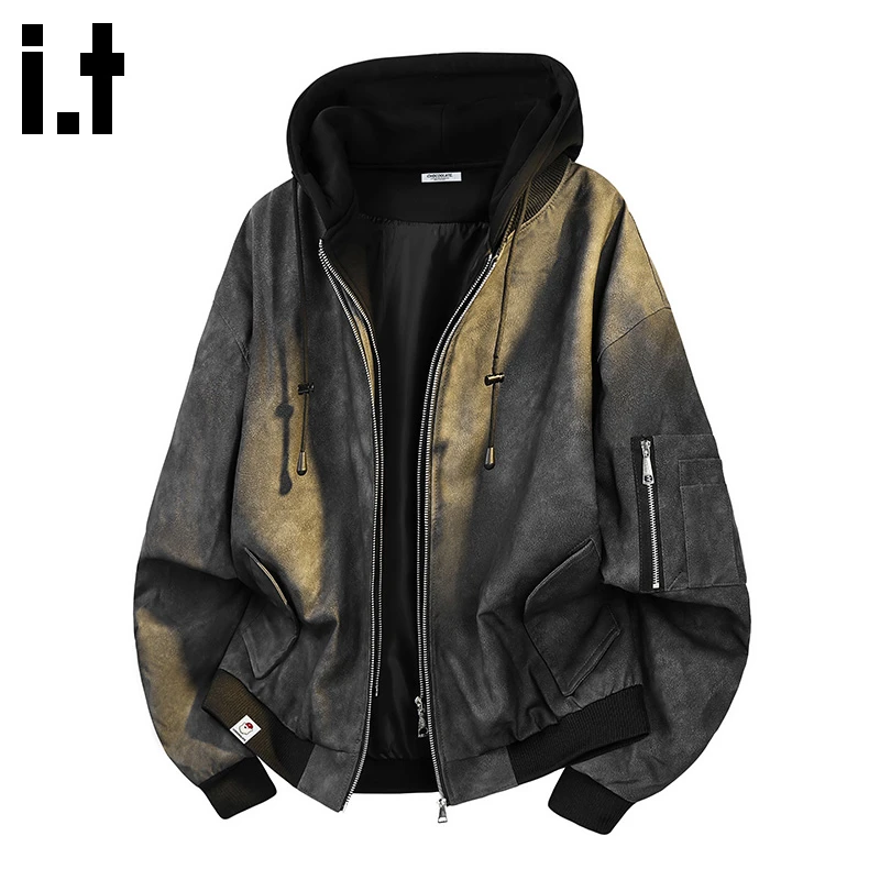 i.t:CHOCOOLATE美式连帽皮夹克男秋冬新款高级感潮牌痞帅保暖外套