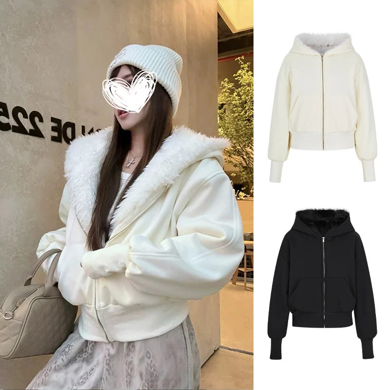 Moses Queen/魔西女王杏色毛领短款外套秋冬慵懒宽松加绒保暖卫衣