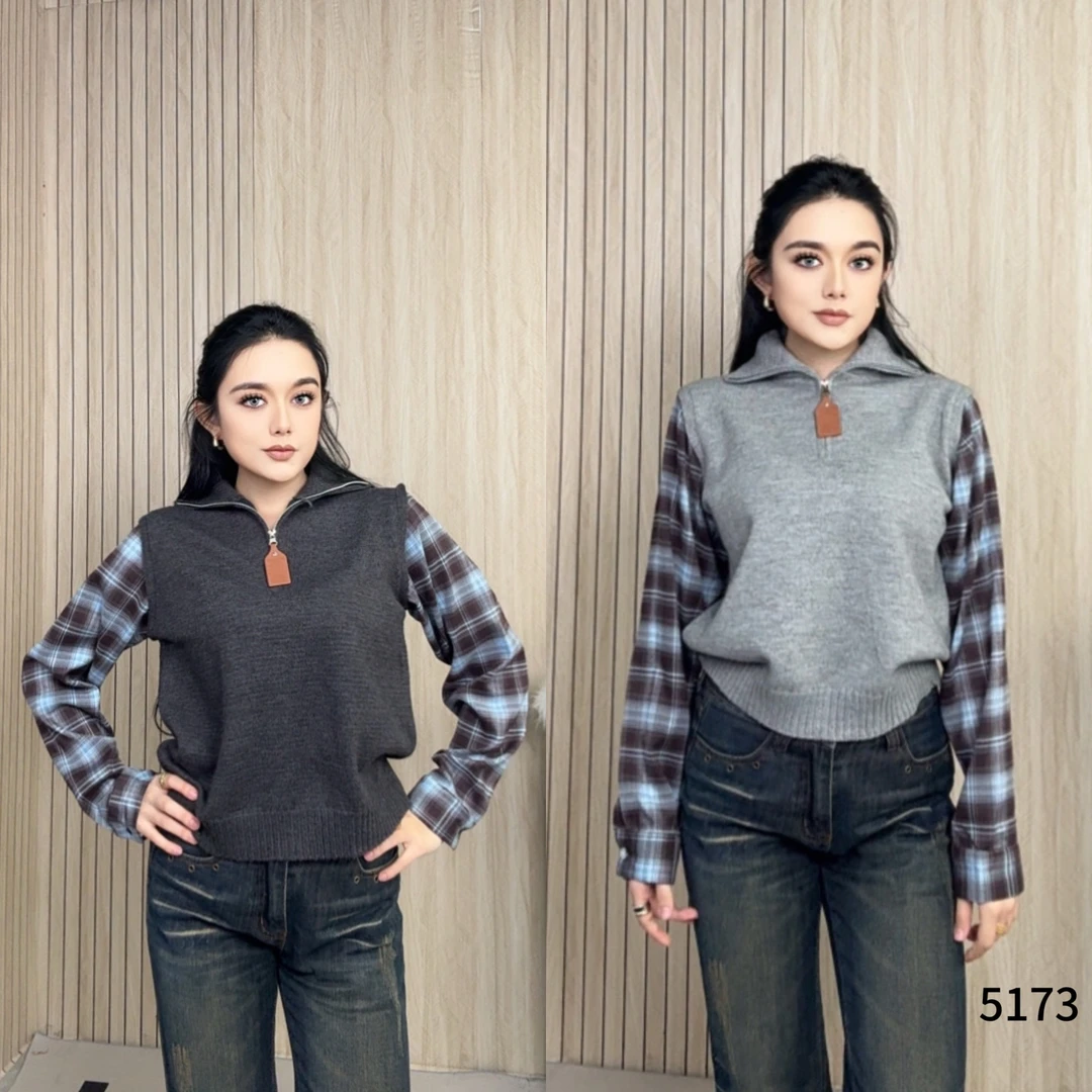 设计感复古格子衬衫拼接假两件毛衣女YF5173