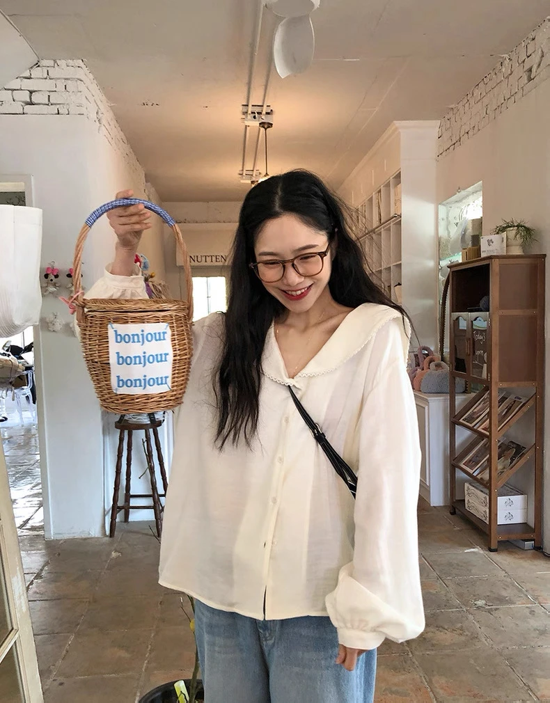 【菜菜家】2025秋季韩系少女感海军领衬衣大码女装CCC11641