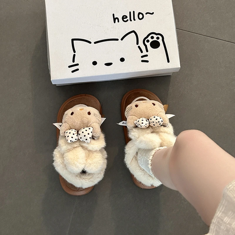 可爱卡通小猫毛毛棉鞋女2025秋冬季新款厚底加绒保暖蝴蝶结雪地靴