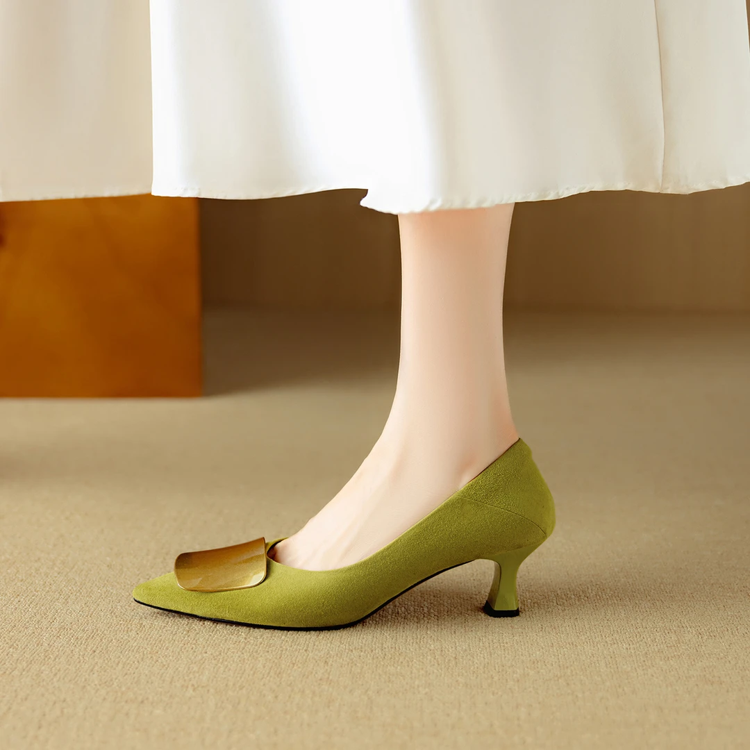 5.5cm绝美方扣尖头高跟鞋细跟百搭真皮优雅气质女鞋时尚浅口单鞋