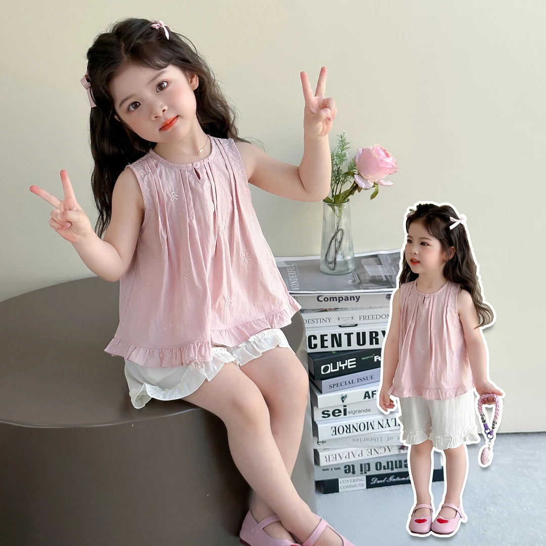 儿童夏季套装2025新款韩版蝴蝶结刺绣薄款纯色洋气两件套夏装韩系