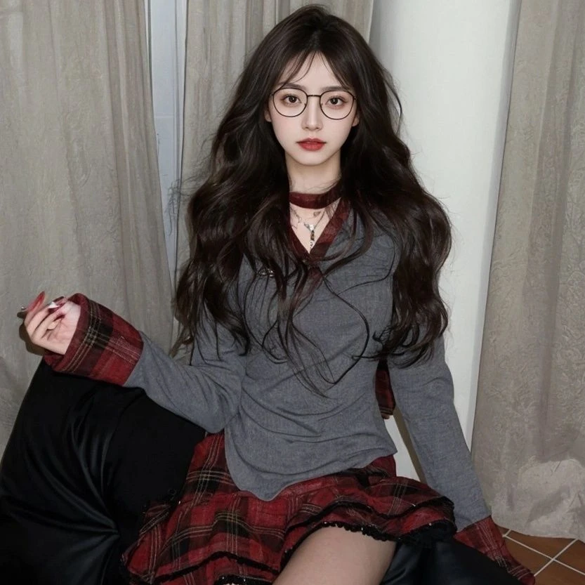 辣妹复古翻领格纹拼接长袖针织衫女春季学院风蓬蓬短裙两件套装裙