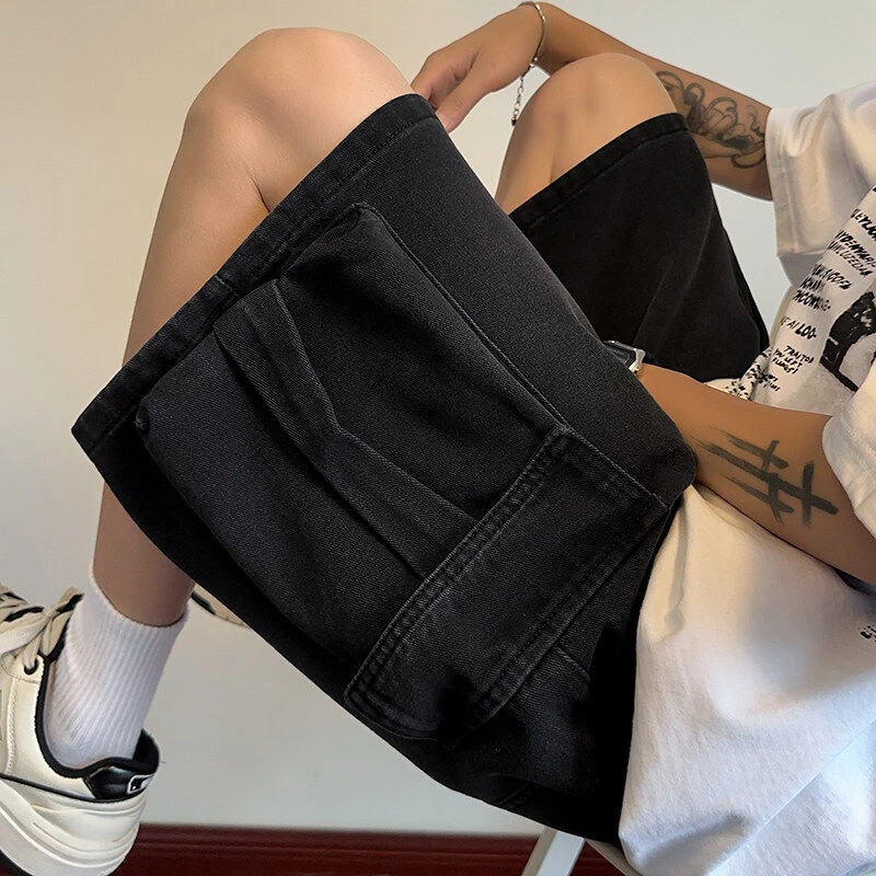 潮流新款男士水洗大口袋美式五分裤纯色工装宽松百搭休闲牛仔短裤