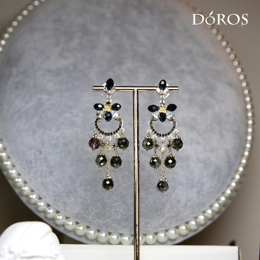 铜合金仿水晶耳饰 宫廷风优雅气质高级感精致黑水晶锆石流苏耳环