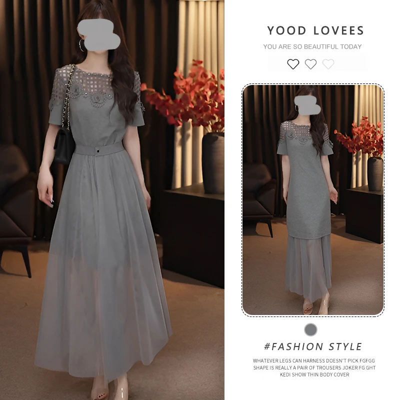 高级灰镂空拼接网纱花朵连衣裙女新款时尚气质收腰网纱裙时尚套装