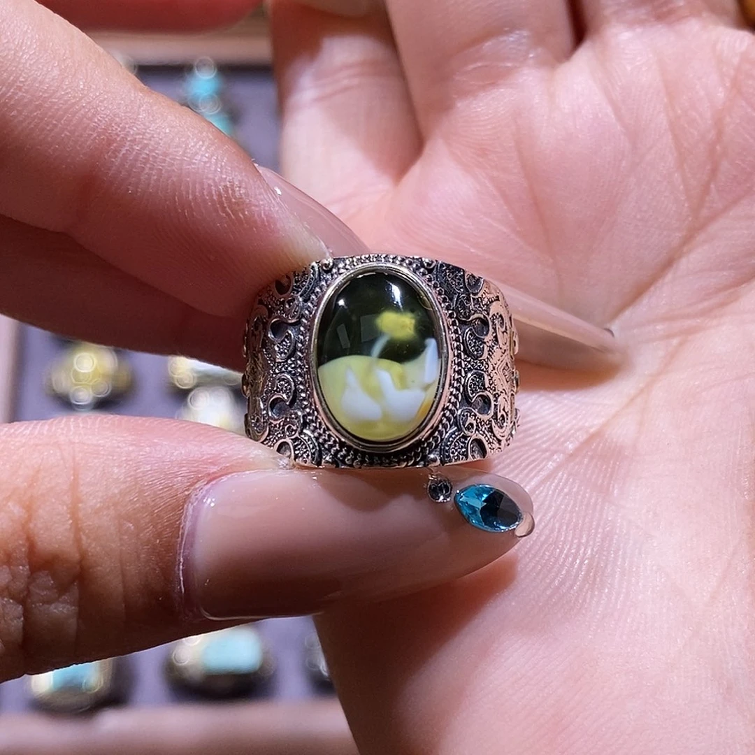 琥珀银S925镶嵌戒指小****会戒指