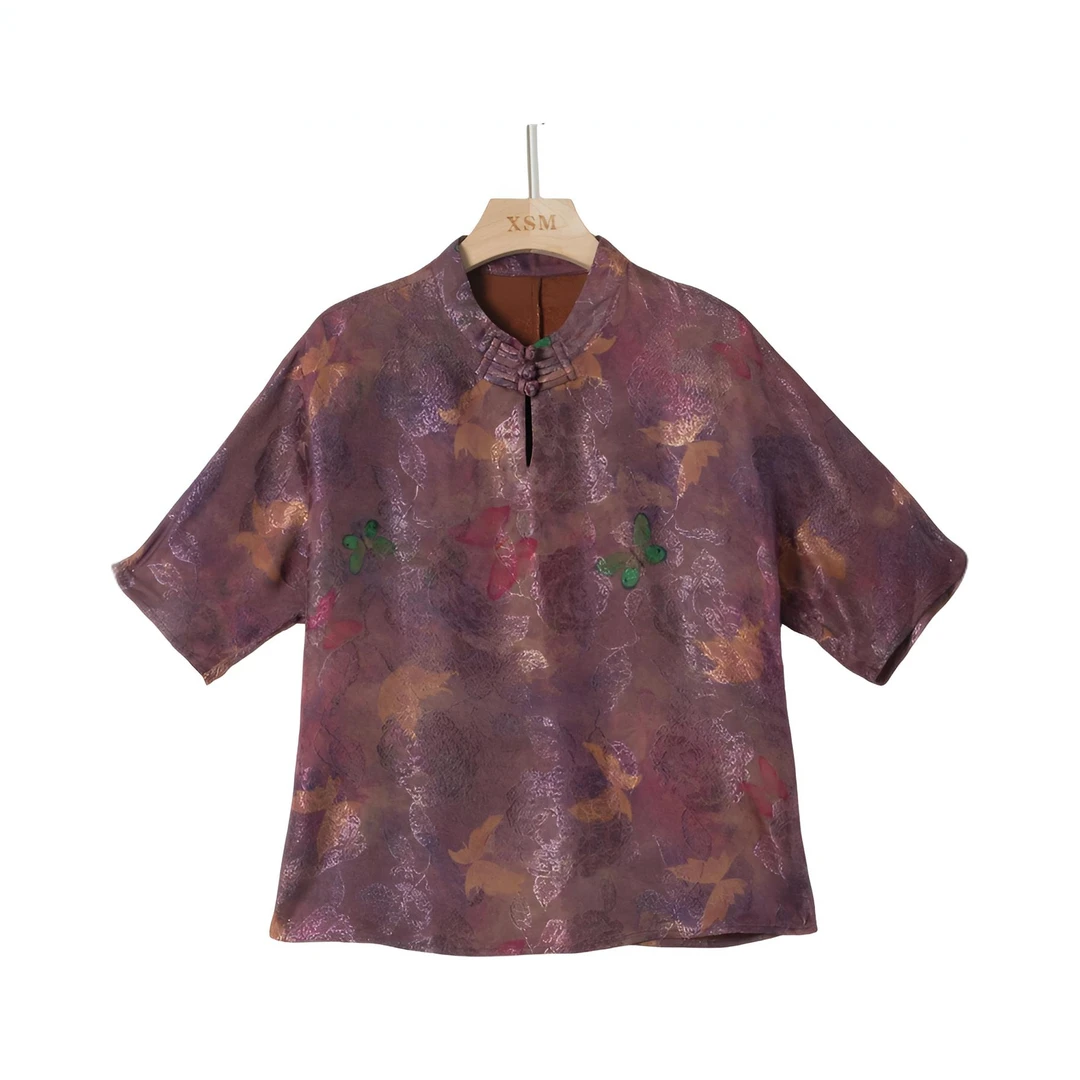 风铃纸鸢-新款女装提花短袖上衣1181（紫底蝴蝶）/AS