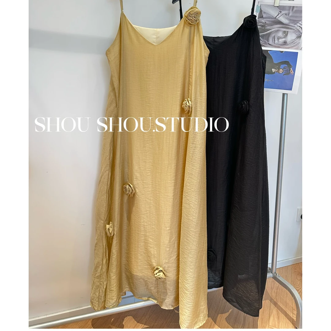 【瘦瘦】炽热玫瑰-大码夏季莱赛尔带里衬显瘦气质吊带连衣裙S01814