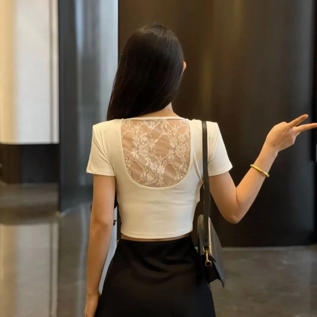 ZSL（心动背影）百搭后背镂空蕾丝拼接长袖短款T恤内搭打底衫上衣