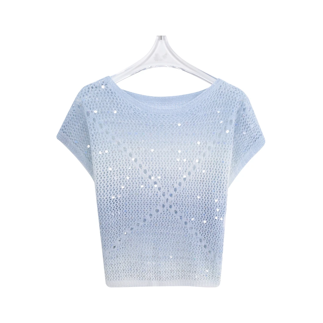 S气质套头镂空亮片装饰针织短袖T恤A11160