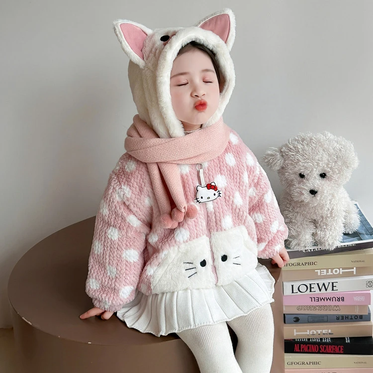 女童绣花可爱猫咪加厚毛毛衣外套