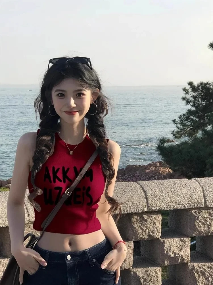 纯欲酒红色修身背心女夏季2025新款美式高街字母印花吊带无袖上衣