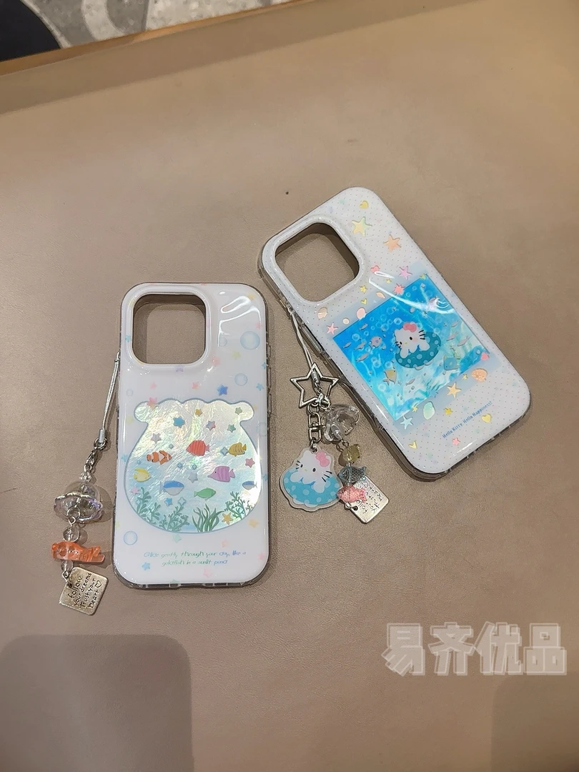 镭射海洋世界可爱泳圈kitty钱袋小鱼 iPhone16/15Pro手机壳可爱