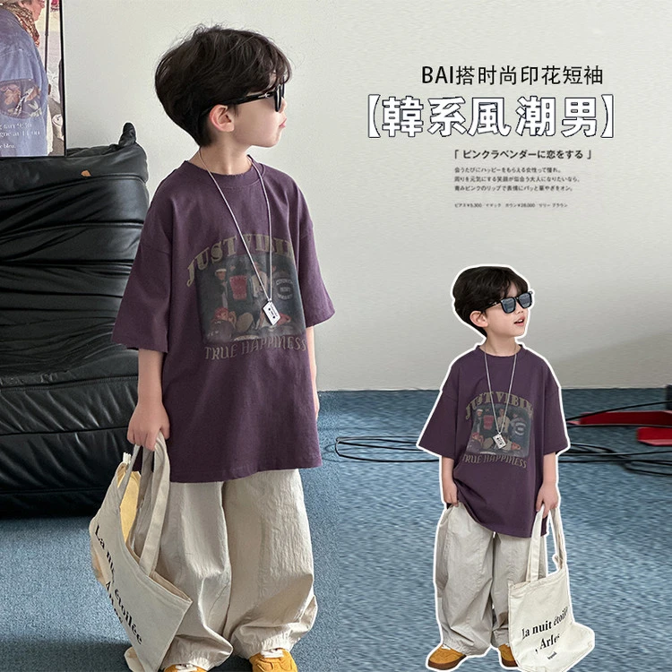 HY2557-男童纯棉T恤2025夏季新款韩版宽松上衣中小童圆领套头衫