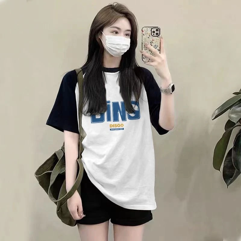 2025夏季新款拼接袖纯棉圆领短袖T恤宽松显瘦设计感印花ins上衣女