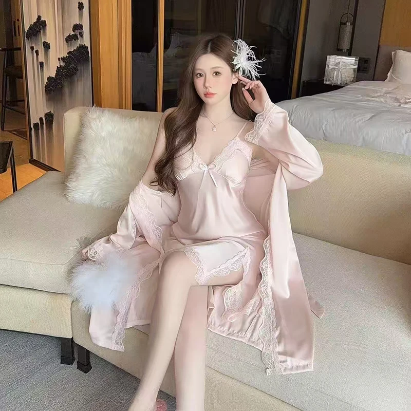 秋季新款吊带睡裙带杯垫两件套睡袍性感丝柔透气女睡衣套装1877