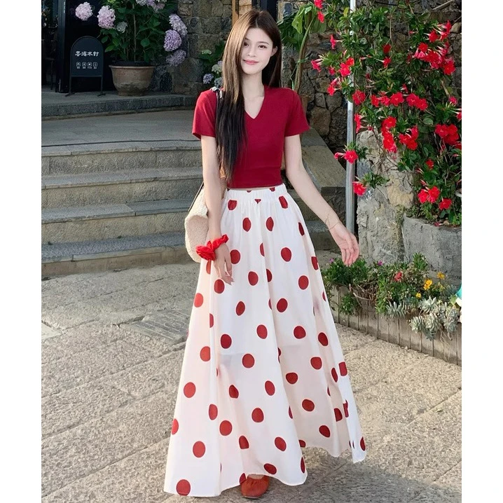 港风复古辣妹V领正肩短袖t恤高腰波点半身裙两件套夏季时尚套装女