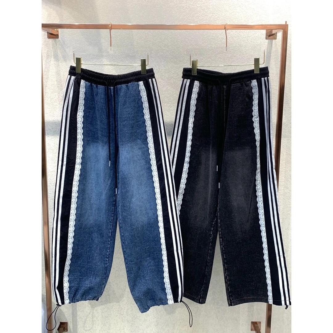 韩国东大门正品代购，SY蕾丝条纹牛仔裤（bu tui bu huan）