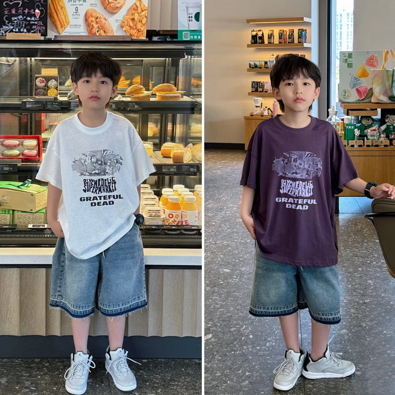 凯文家童装2024夏季新品 男童中大童潮酷字母印花短袖儿童休闲T恤
