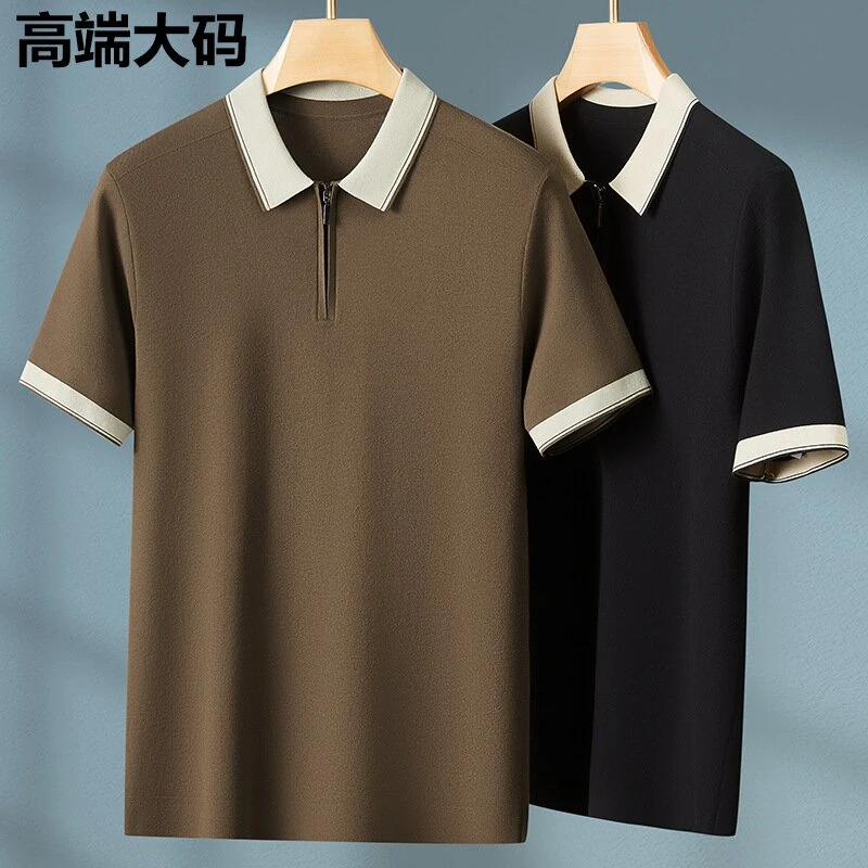 高端潮流男士大码短袖毛衣春秋商务休闲半袖毛衣拉链中年时尚翻领