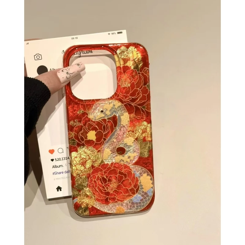 SMBLCE红色牡丹花蛇适用iPhone16冰川15手机壳华为vivo小米oppo套