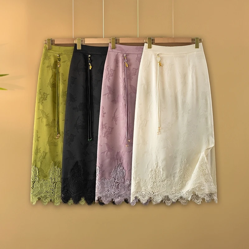 【雪莺】2025新款春季松紧腰A字裙新中式国风裙子蕾丝提花半身裙女