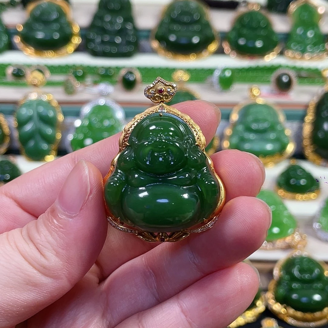 颈饰18K金镶嵌和田玉（碧玉）阳绿佛公佛公30mm