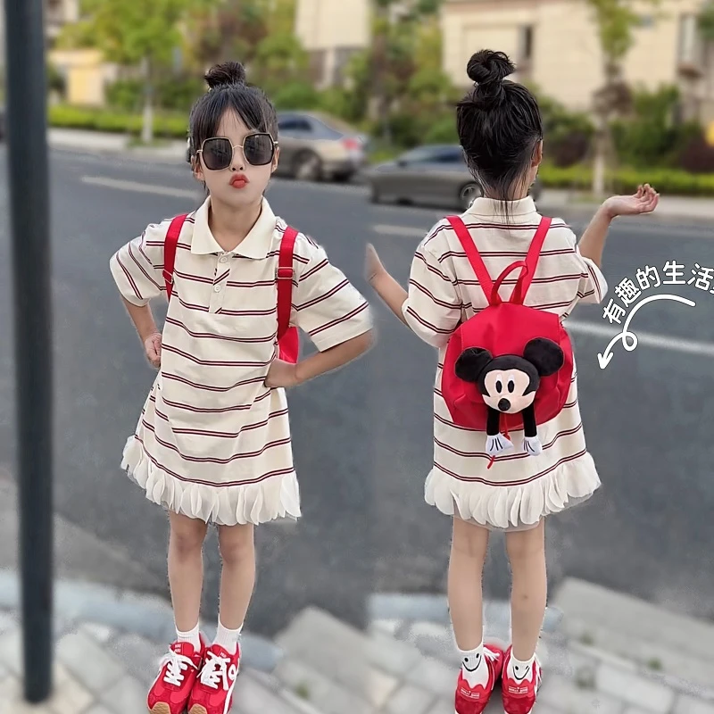 2025新款女大童夏季短袖裙女中大童长款格子裙子女童夏装连衣裙