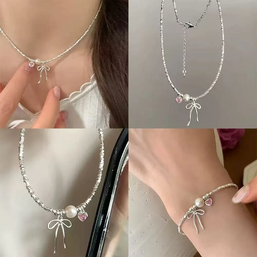 铜合金仿珍珠项链 【洗澡不用摘】甜美气质小众蝴蝶结手链锁骨链