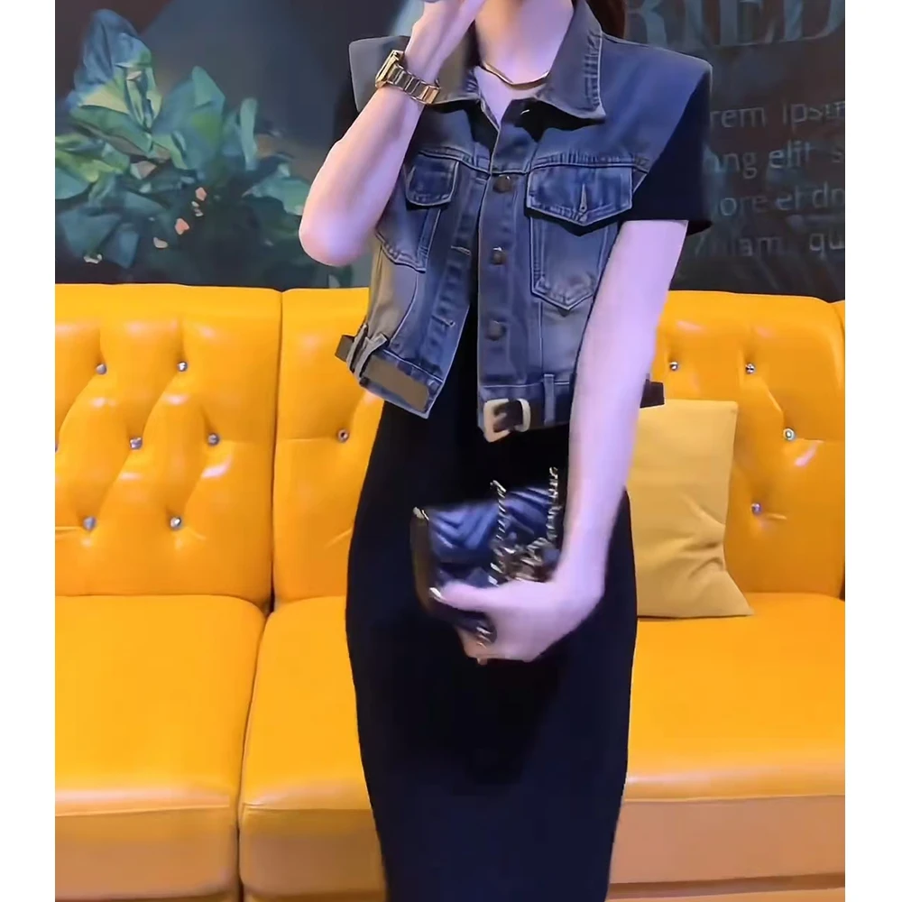 2025新款春夏季女气质减龄小飞袖百搭坎肩牛仔马甲显瘦短袖连衣裙