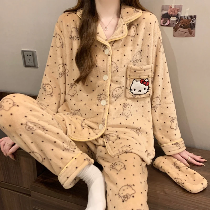 美拉德珊瑚绒睡衣秋冬加绒加厚甜美卡通法兰绒保暖家居服套装