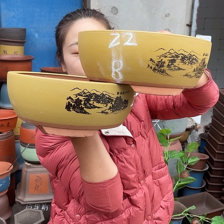 黄色江山如画小一对花盆紫砂花盆紫砂