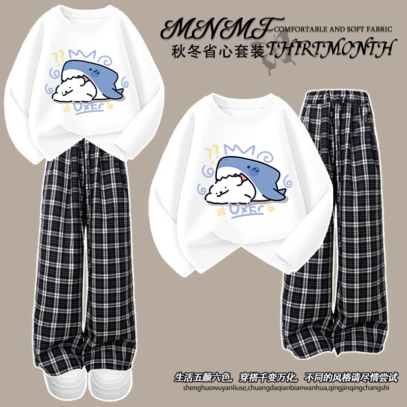 秋季男女童卡通韩版鲨鱼小狗长袖t恤格子裤套装中大童百搭两件套