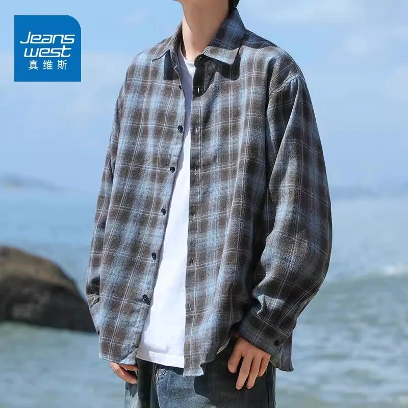 Jeanswest/真维斯男士潮流百搭长袖衬衫春秋宽松百搭格子衬衣外套