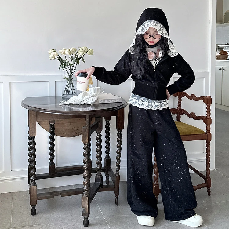 女童套装春秋2025新款儿童洋气长袖春装中大童韩版蕾丝炸街两件套