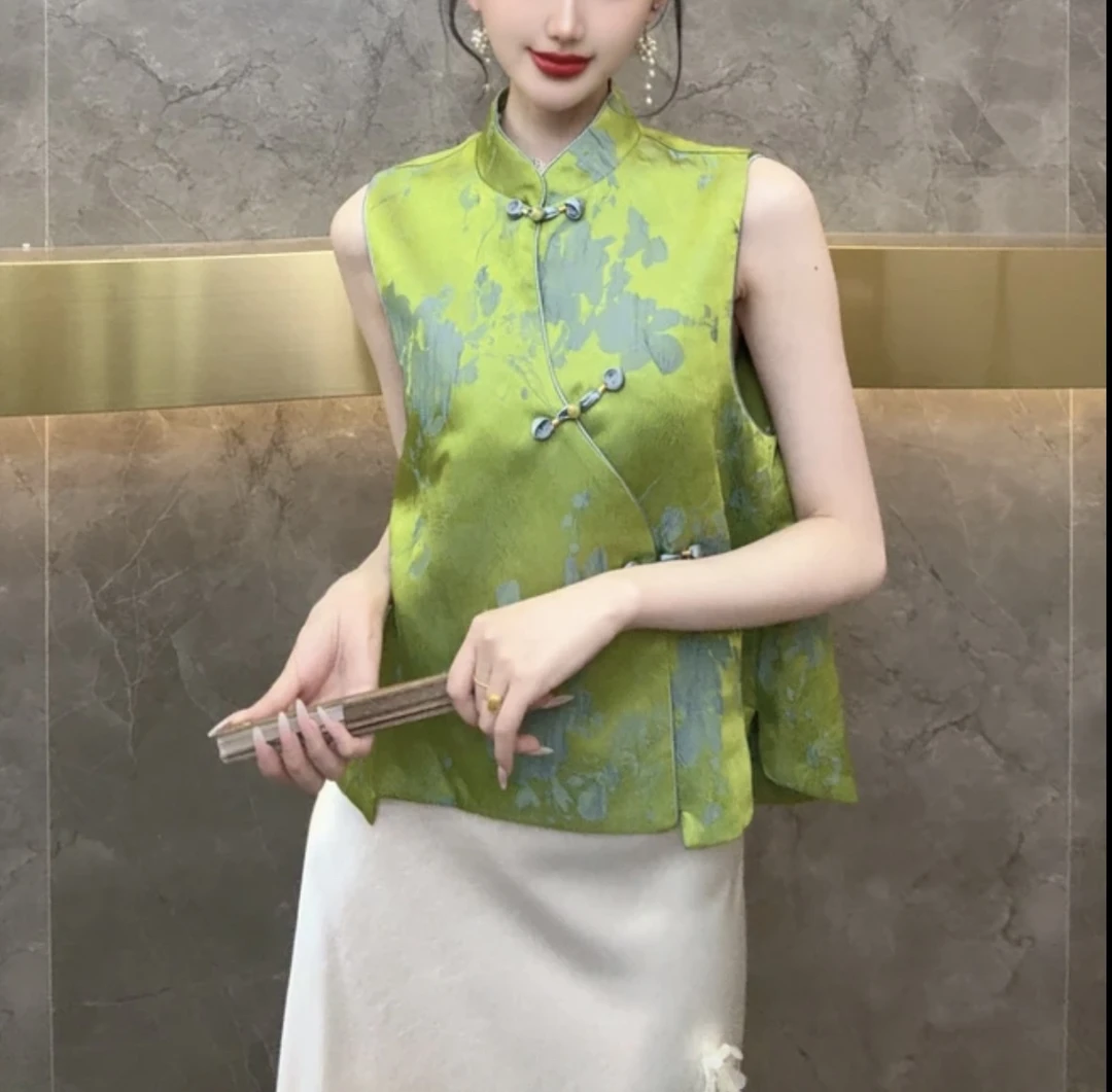 粉意新中式国风立领斜襟提花高货宽松百搭马甲女074